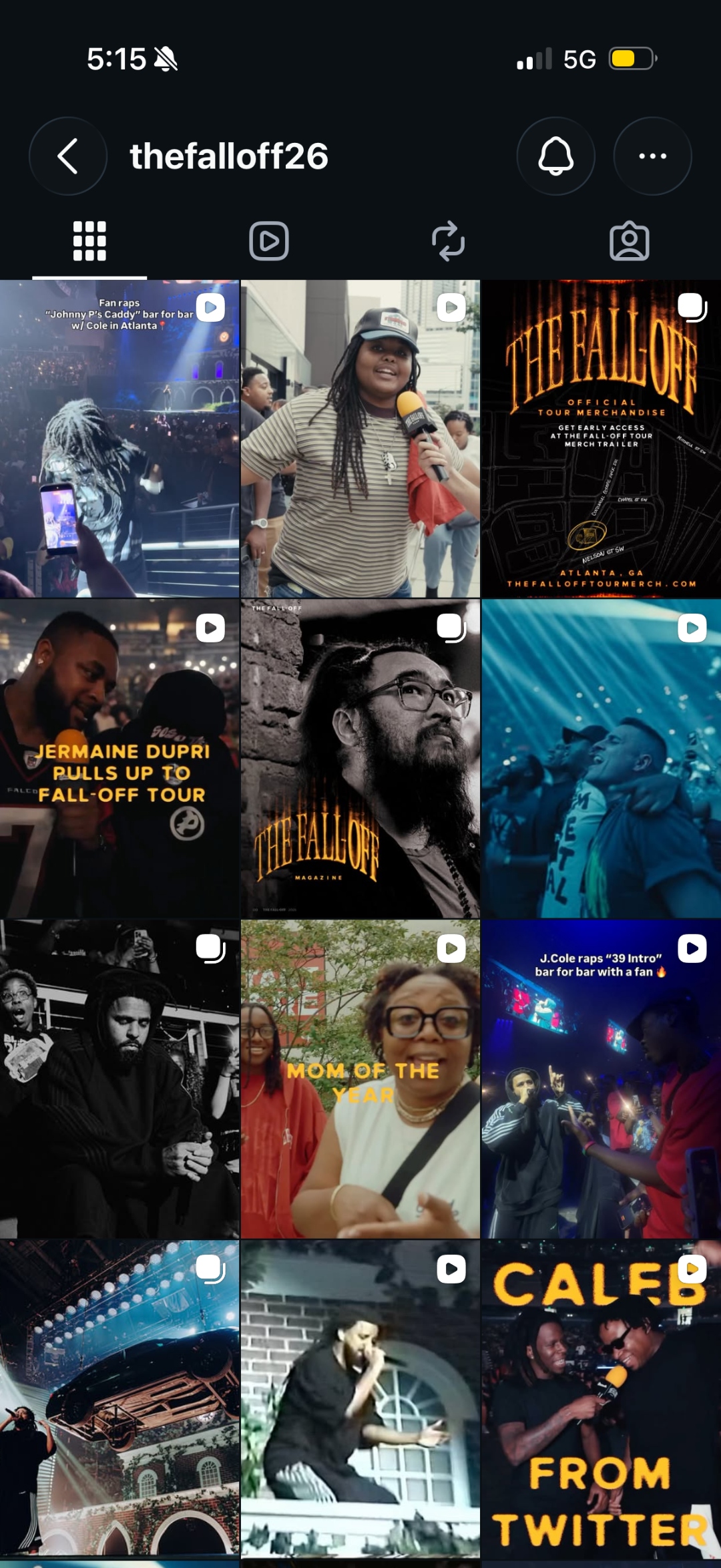 Reels grid from @thefalloff26 showing fan reactions, tour recaps, and behind the scenes